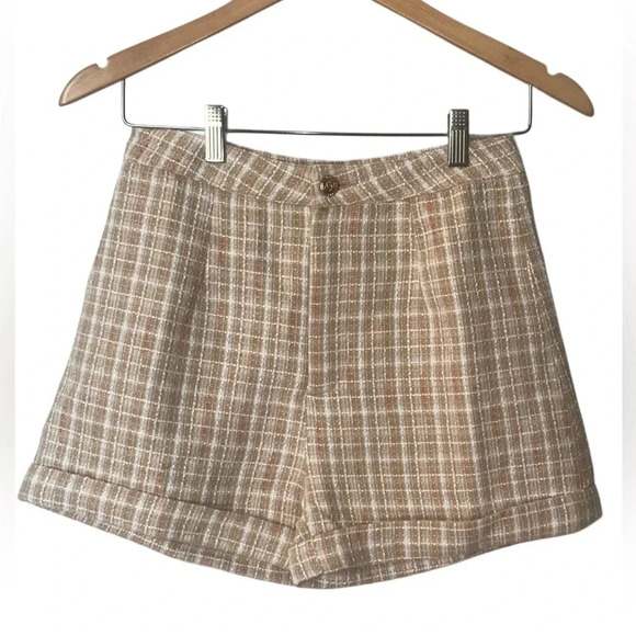 Shaun Justin Tan and Cream Tweed cuffed Y2K mini Shorts - Picture 1 of 11